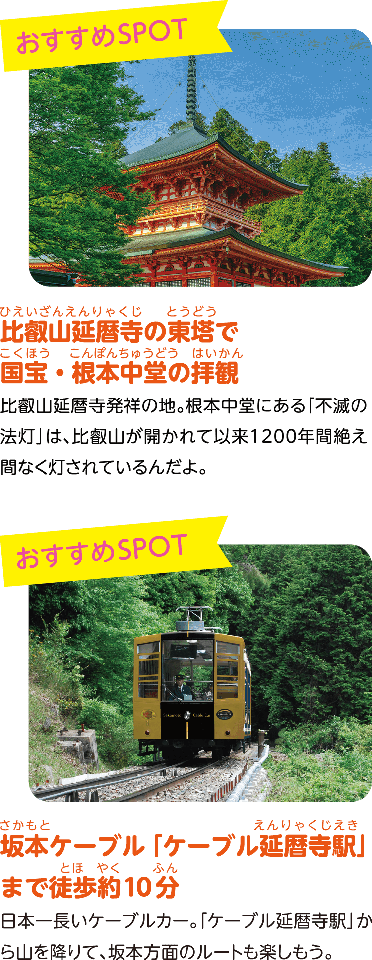 （おすすめSPOT）比叡山延暦寺の東塔で国宝・根本中堂の拝観。比叡山延暦寺発祥の地。根本中堂にある「不滅の法灯」は、比叡山が開かれて以来1200年間絶え間なく灯されているんだよ。（おすすめSPOT）坂本ケーブル「ケーブル比叡駅」まで徒歩約10分。日本一長いケーブルカー。「ケーブル比叡駅」から山を降りて、坂本方面のルートも楽しもう。